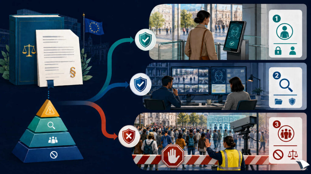 Percorso dall’AI Act a tre scenari biometrici: verifica volontaria 1:1, indagine mirata a posteriori e scansione indiscriminata in tempo reale bloccata.