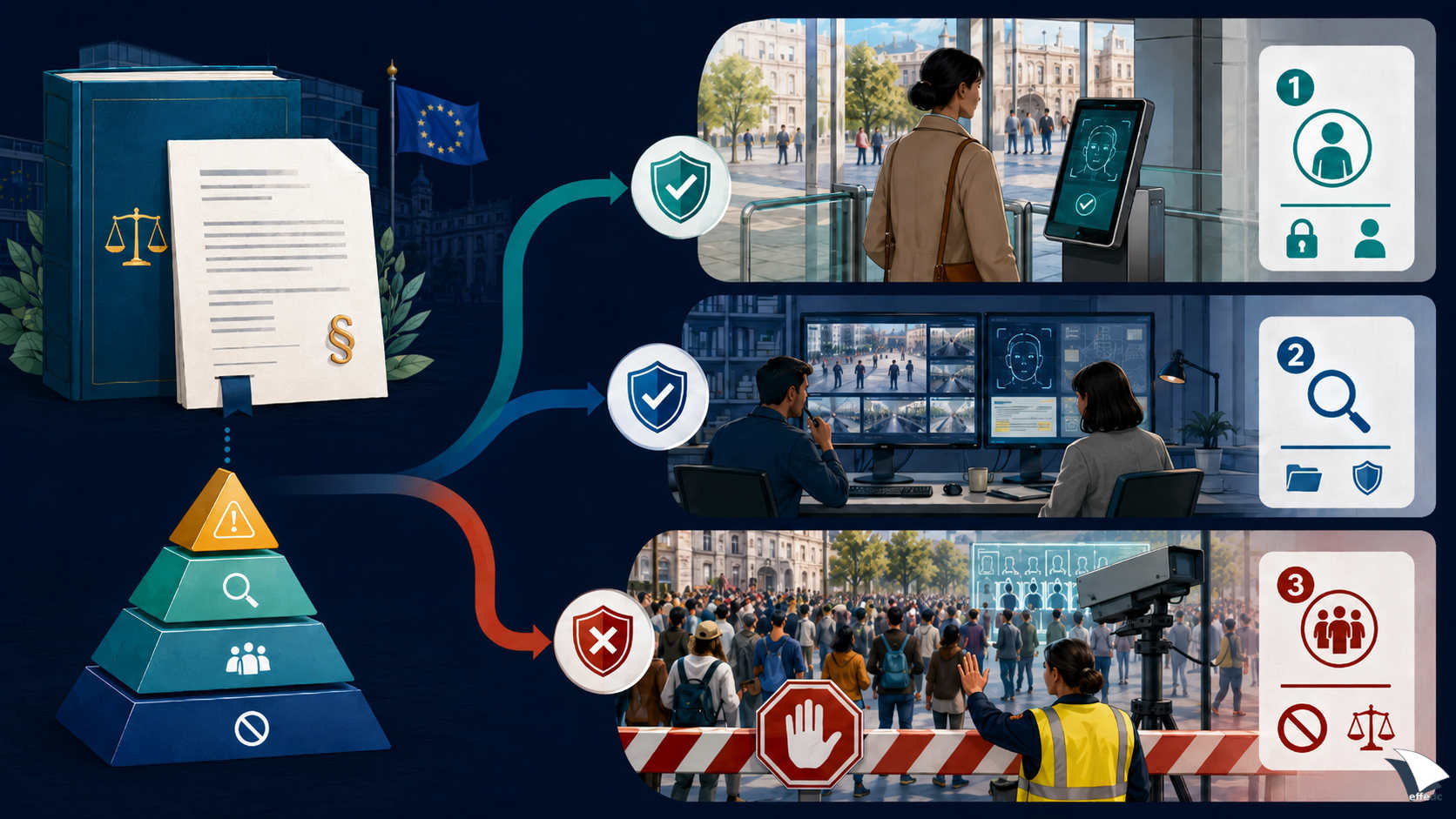 Percorso dall’AI Act a tre scenari biometrici: verifica volontaria 1:1, indagine mirata a posteriori e scansione indiscriminata in tempo reale bloccata.