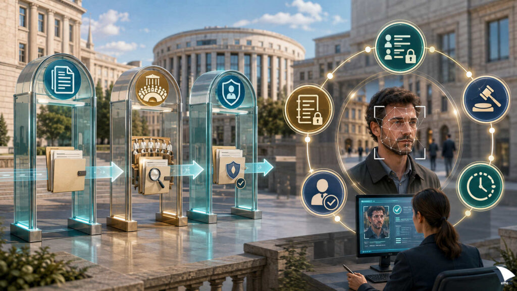 Uno schema normativo attraversa Governo, Parlamento e autorità privacy; accanto, un controllo facciale mirato è circondato da garanzie operative.