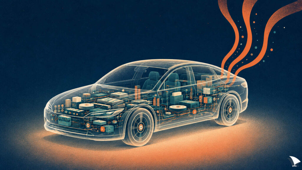 Illustrazione: un'automobile stilizzata e trasparente, come un modellino di vetro, lascia vedere al proprio interno piccole forme geometriche ordinate. Dal retro salgono tre nastri arancioni che si arrotolano verso l'alto.