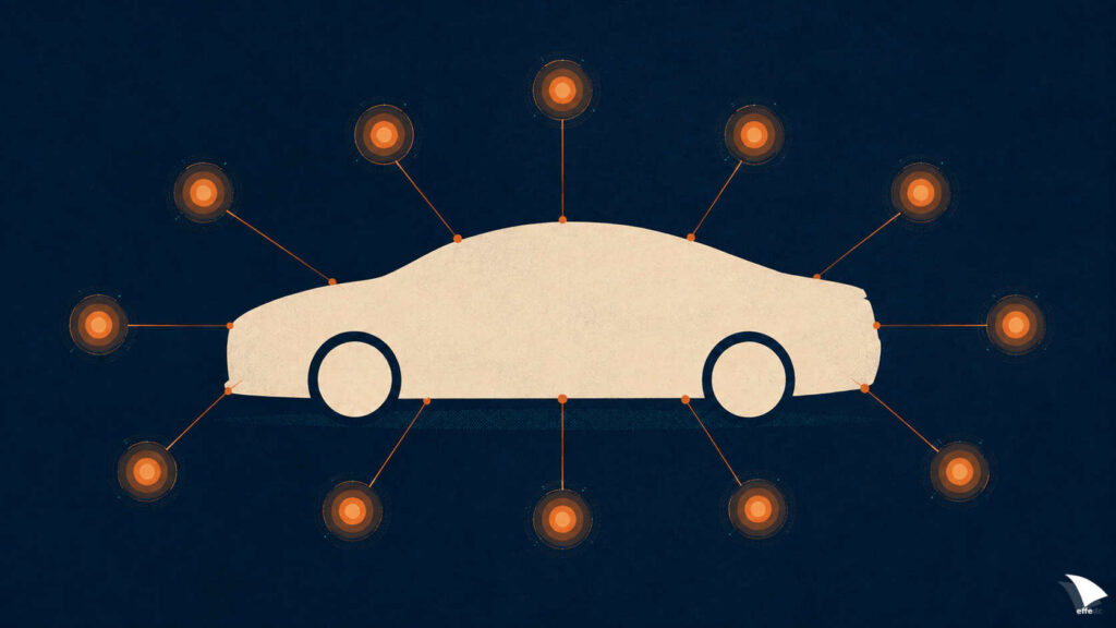 Illustrazione: la sagoma di un'automobile vista di profilo, circondata da dodici punti luminosi collegati alla carrozzeria da linee sottili, come le annotazioni di una tavola anatomica.