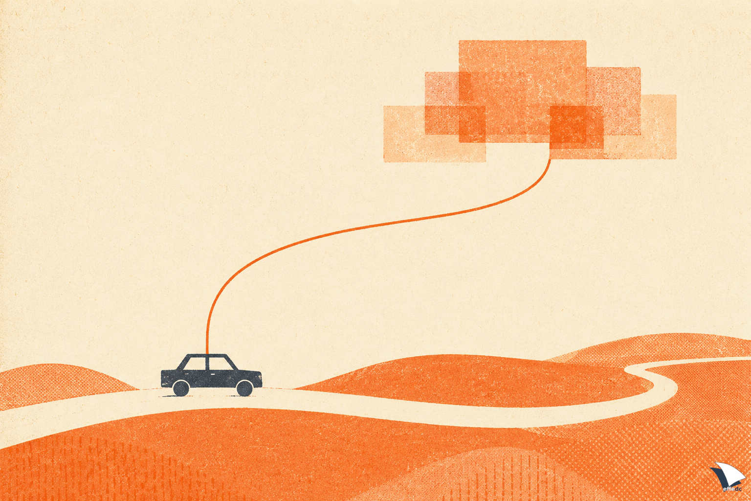 Illustrazione: una piccola automobile percorre una strada stilizzata; dal tetto parte una linea arancione continua che sale 
		    e termina in una nuvola composta da rettangoli sovrapposti.