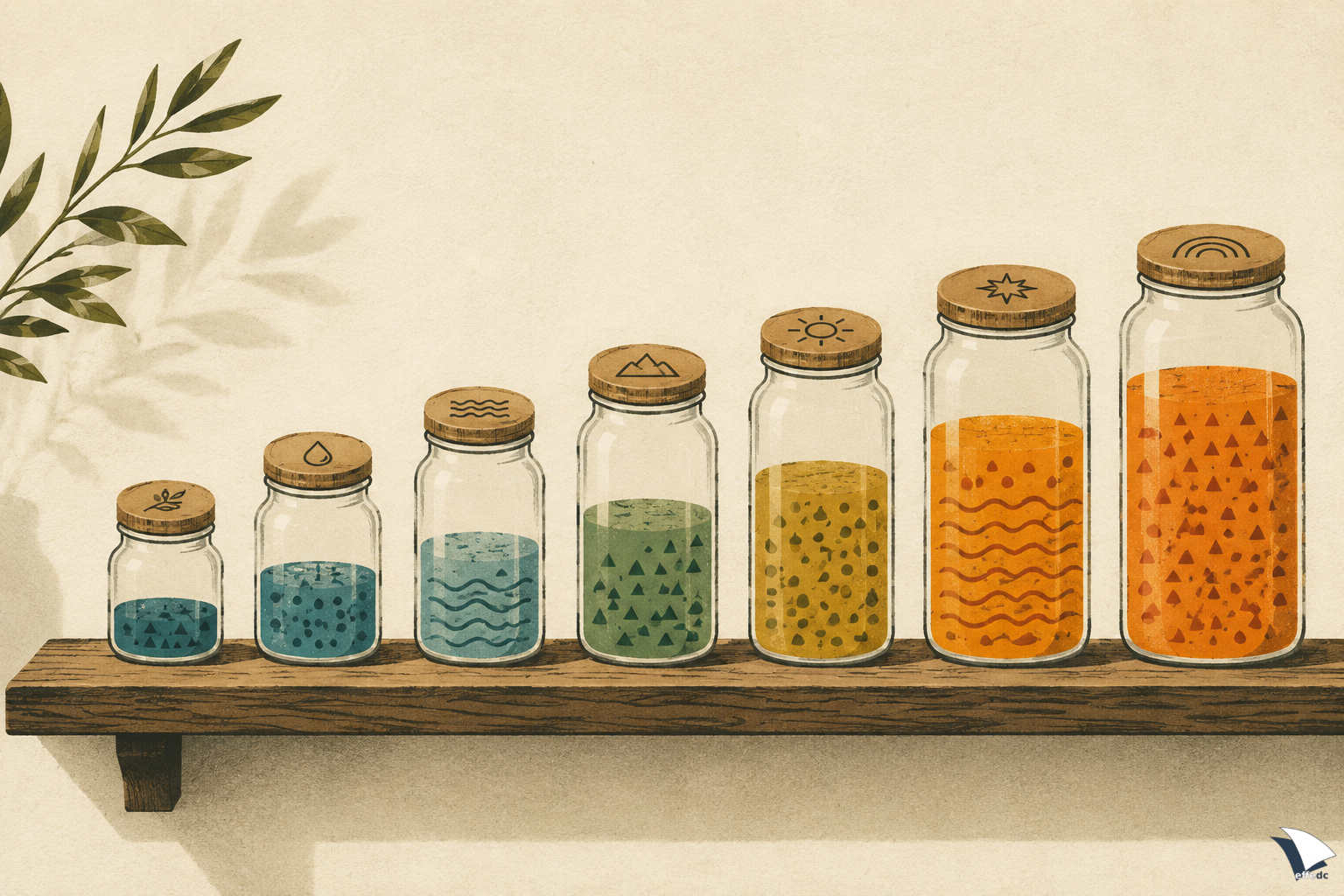 Illustrazione: sette barattoli di vetro allineati su uno scaffale, di dimensioni crescenti e riempiti a livelli diversi con contenuti astratti colorati. Ogni coperchio porta un piccolo pittogramma.