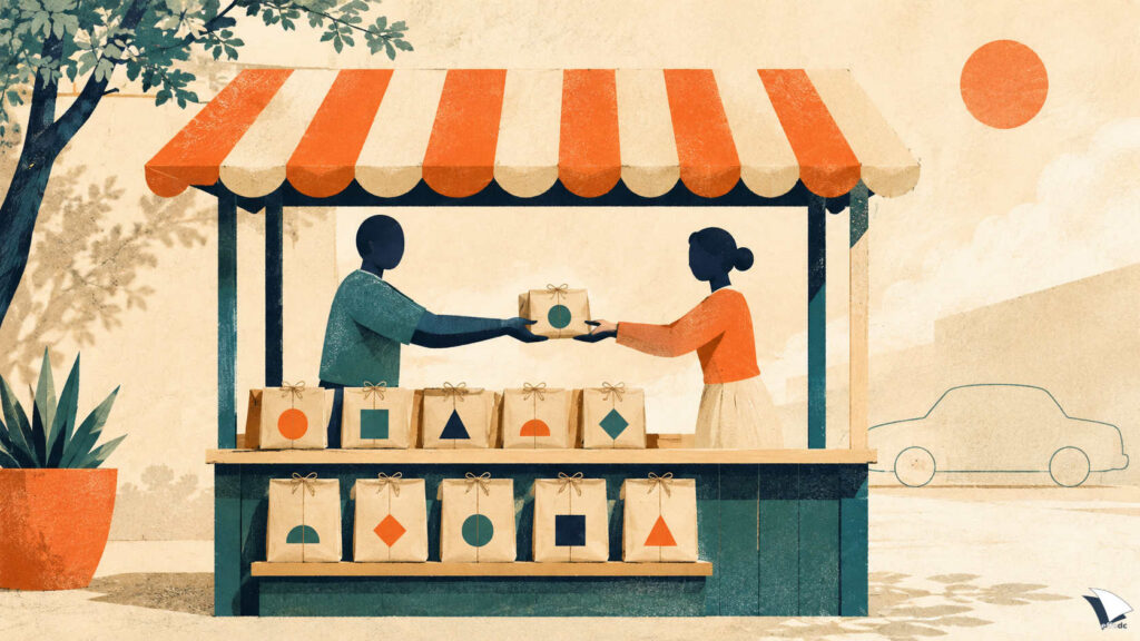 Illustrazione: un banco di mercato sotto una tenda a righe. Al posto delle merci ci sono pacchetti di carta legati con spago; due figure stilizzate se ne passano uno sopra il bancone. Sullo sfondo, il contorno di un'automobile parcheggiata.`