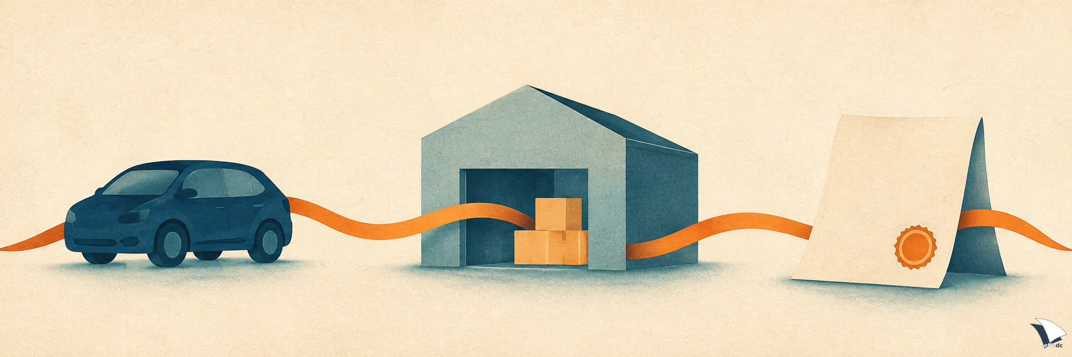 Illustrazione: tre elementi in fila collegati da un nastro arancione continuo — un'automobile stilizzata, un magazzino senza insegne, un documento piegato con un sigillo.