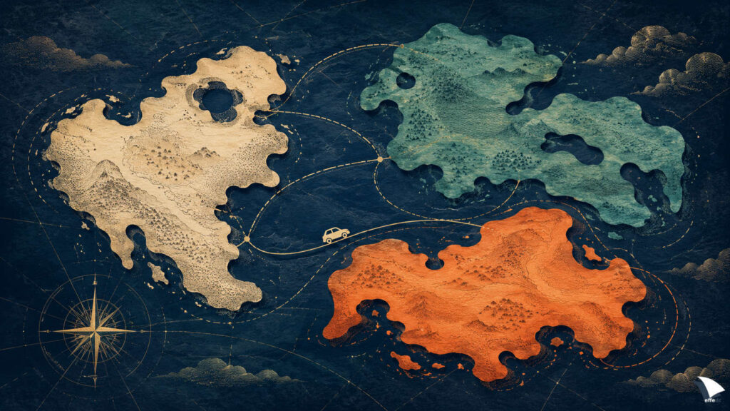 Illustrazione in forma di mappa: tre grandi masse continentali astratte, ciascuna di un colore diverso, collegate da spesse rotte curve. Lungo una delle rotte avanza la piccola sagoma di un'automobile.