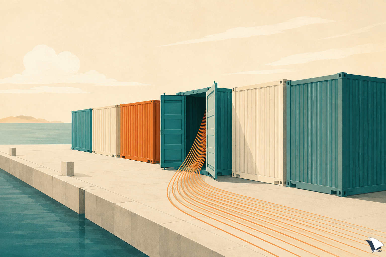 Illustrazione: una fila di container stilizzati su una banchina. Quello centrale è socchiuso e ne esce un fascio di linee sottili arancioni che si allunga fuori dall'inquadratura.