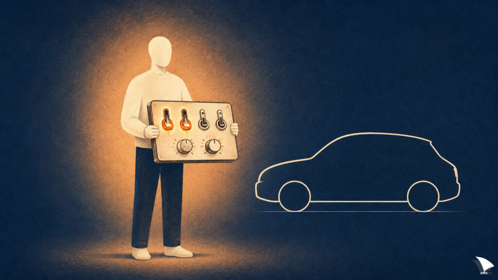 Illustrazione: una figura stilizzata, in piedi e rilassata, tiene fra le mani un pannello con quattro interruttori e due manopole; due interruttori sono abbassati e illuminati. Accanto a lei, il contorno di un'automobile.
