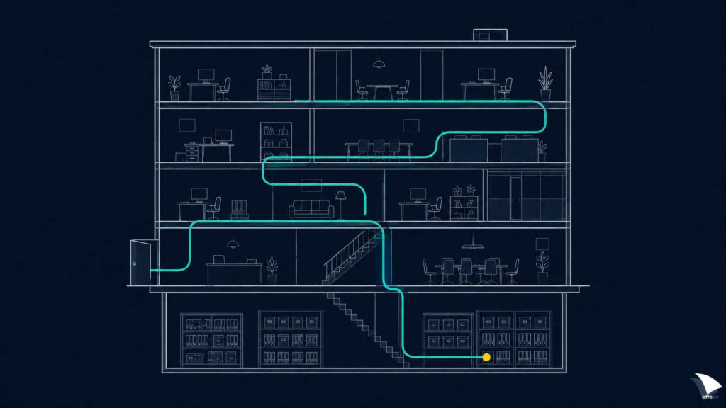 Illustrazione: la sezione di un edificio per uffici vista di lato, con una porta di servizio socchiusa al piano terra e una linea continua che sale attraverso i piani fino a un archivio nel seminterrato.