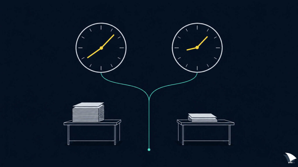 Illustrazione: due orologi da parete affiancati segnano ore diverse; sotto ciascuno una scrivania con una pila di documenti di altezza differente, e un filo che parte da un unico punto e si biforca verso i due quadranti.