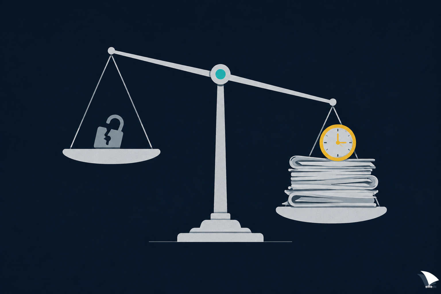 Illustrazione: una bilancia stilizzata con un lucchetto rotto su un piatto e, sull'altro piatto più carico e più basso, una pila di documenti con un piccolo orologio appoggiato sopra.