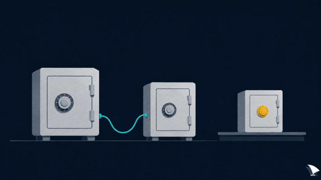 Illustrazione: tre casseforti di dimensioni diverse allineate; due sono collegate da un cavo, la terza è staccata su un piano separato, con lo sportello chiuso.