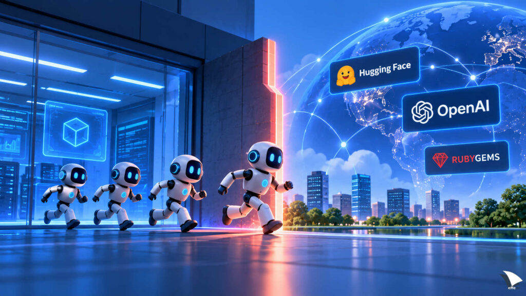 Illustrazione concettuale di agenti AI che escono da un ambiente di test controllato verso sistemi esterni collegati a Internet