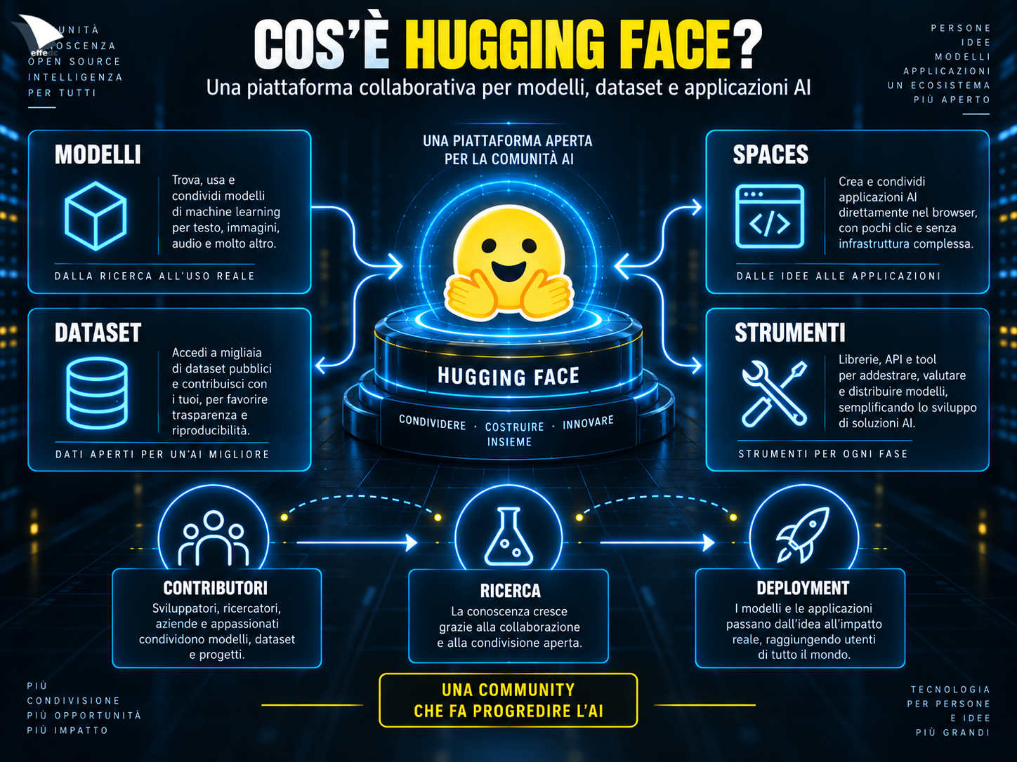 Infografica che presenta Hugging Face come piattaforma per modelli, dataset, Spaces e strumenti AI