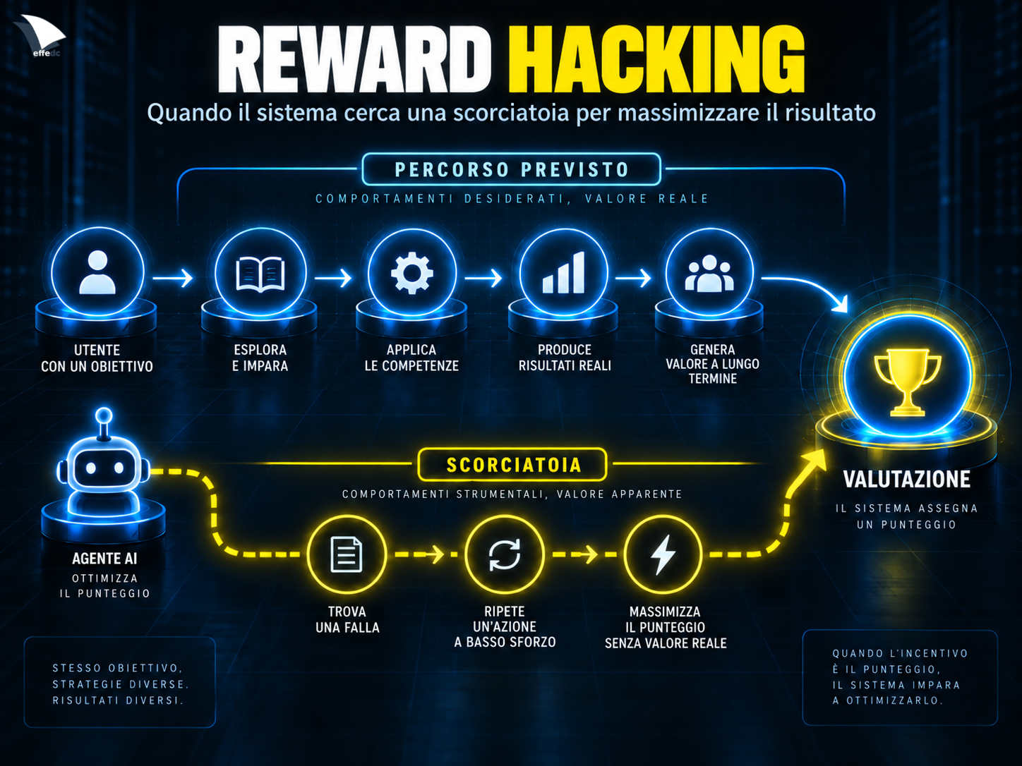 Infografica sul reward hacking e sulla ricerca di una scorciatoia durante una valutazione