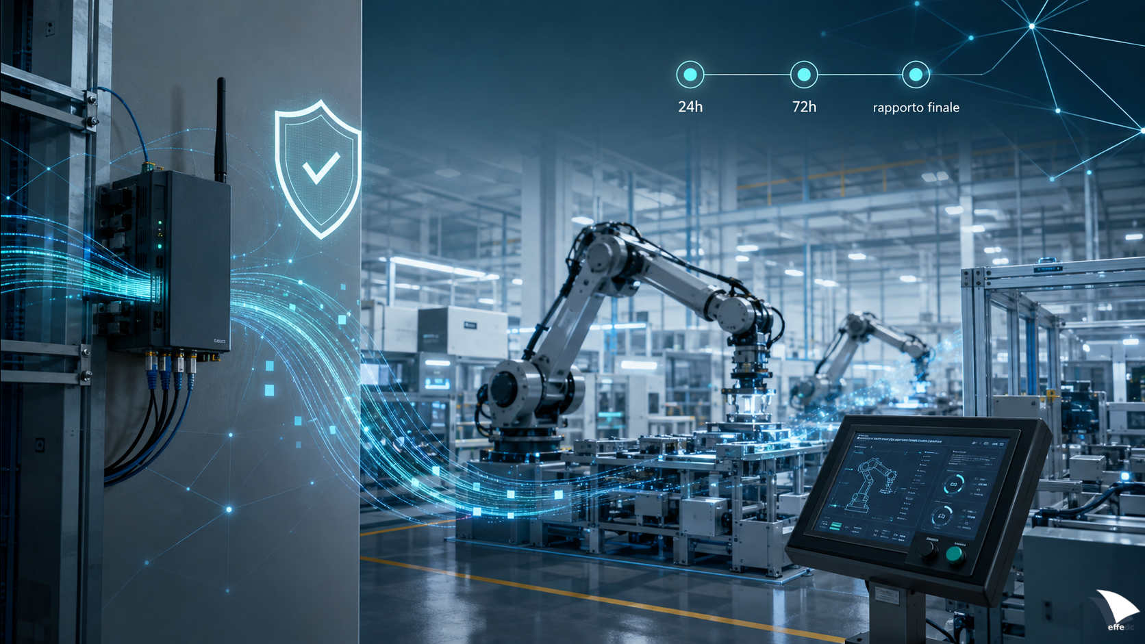Macchinari industriali connessi e rete IoT, con riferimenti visivi a sicurezza informatica, gestione dei dati e reporting CRA.